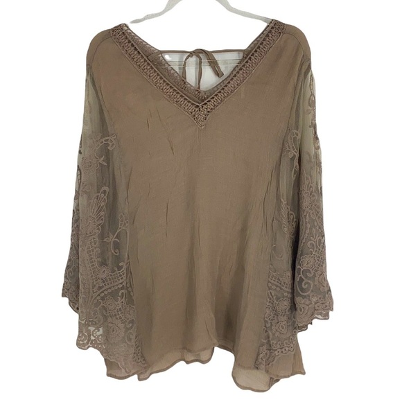 Soieblu Women's Tan Tank Top/Blouse Sheer Lace Detail V-Neck size Large - Picture 1 of 7